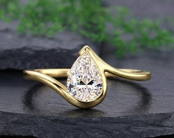 Moissanite Pear Cut Wave Ring, Pear Moissanite Pinky Ring, Unique Wavy Bypass Shank Ring, Ring with Side Accents,  Minimalist Band For Her