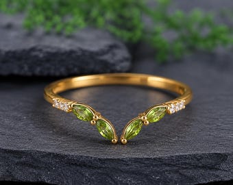 Green Peridot Wedding Band,Marquise Peridot Open Gap Engagement Band,14K Rose Gold Matching Bridal Anniversary Ring Enhancer for Her