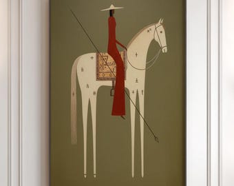 Tableau surréaliste représentant un cavalier, peinture figurative d'un cheval blanc, toile western en robe rouge, décoration vintage moderne pour salon ou chambre.