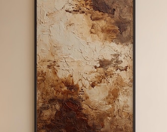 Wabi Sabi Impasto Oil Painting,Textured Cream Brown Gold Palette Knife Art,Organic Abstract Wall Art for Modern Zen Living Room Office Decor