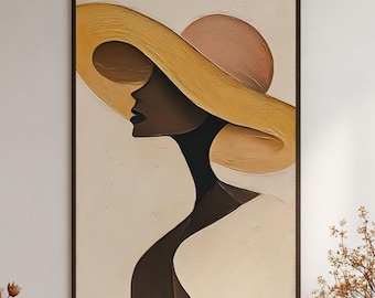 Ölgemälde einer schwarzen Frau mit gelbem Hut, minimalistisches Modeporträt als Wandkunst, moderne feminine Leinwanddekoration für Schlaf- und Wohnzimmer
