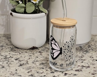 Butterfly floral 16oz glass tumbler with bamboo lid and glass straw