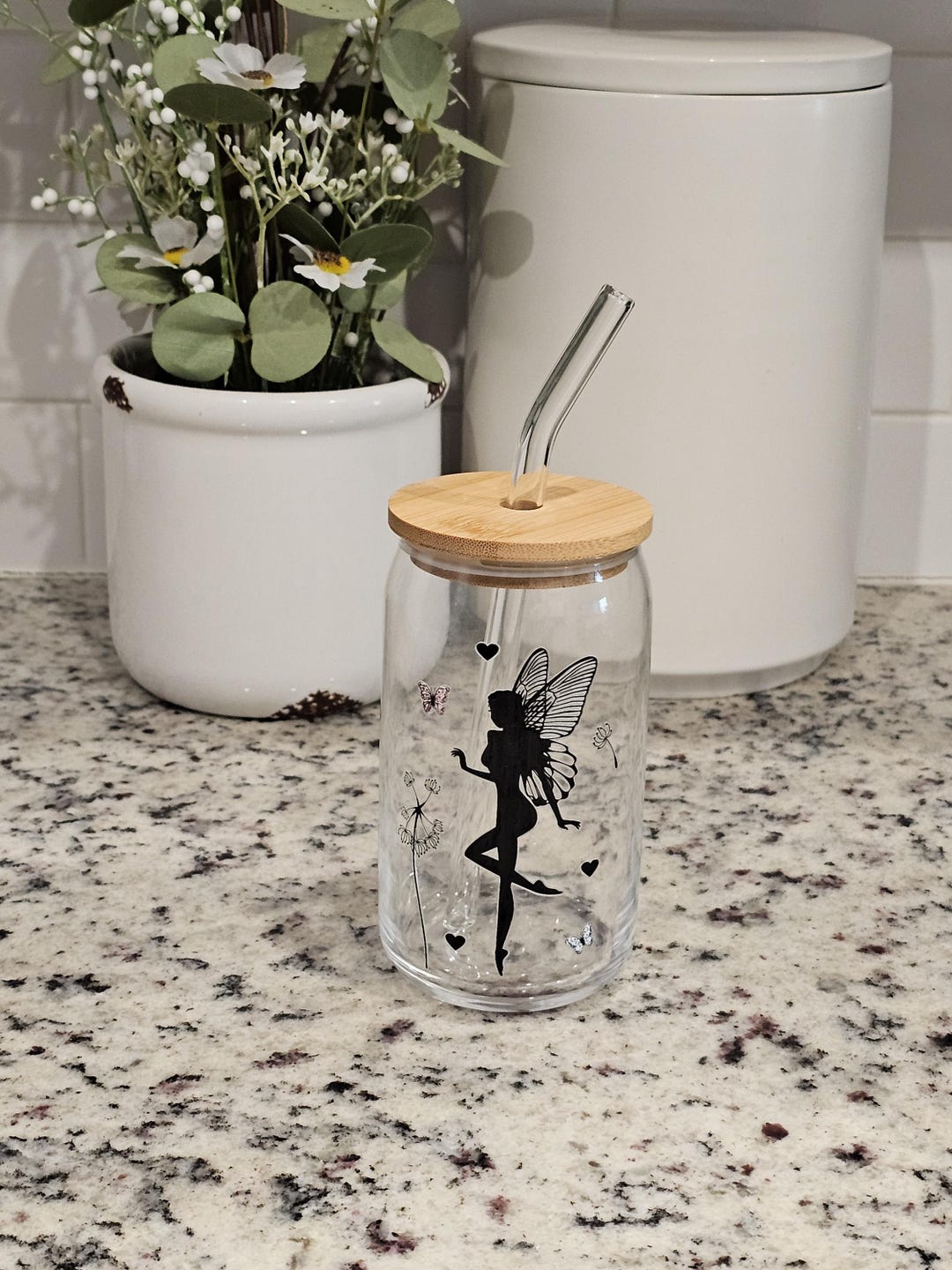 Floral Fairy Glass Cup With Bamboo Lid and Straw - Etsy