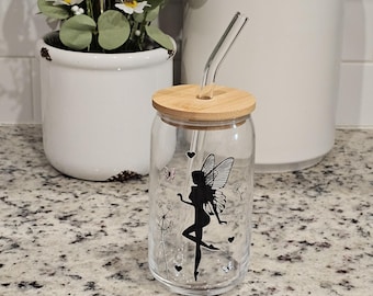 Floral Fairy Glass Cup with Bamboo Lid and Straw