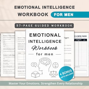May include: A 57-page emotional intelligence workbook for men featuring a grid-patterned cover with a profile illustration of a head, a heart, a book, and a scale. The workbook includes various exercise pages, a stress control tracker, and a journal.