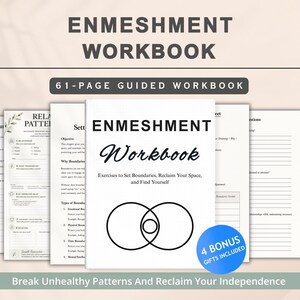 Op de afbeelding: Een 61-pagina tellend Enmeshment Workbook met een witte kaft, voorzien van de titel, een Venn-diagram en een blauwe ronde badge met de tekst 4 Bonus Gifts Included. Het werkboek bevat diverse pagina's met tekst, schrijflijnen en botanische accenten.