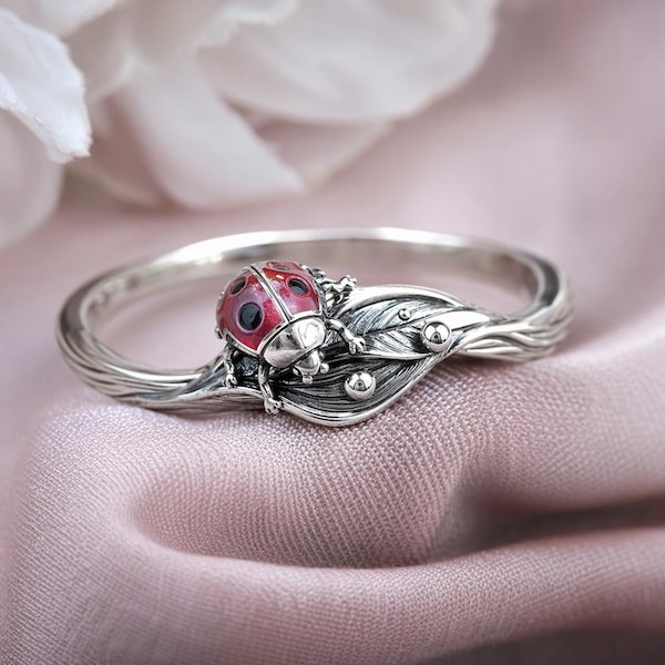 Ladybug Leaf Ring Silver Red Black Insect Nature Band Jewelry
