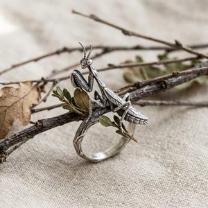 Puede incluir: Un anillo de plata con una mantis religiosa detallada posada sobre una banda diseñada para parecer una rama de árbol texturizada. El metal tiene un acabado oxidado que resalta las patas, las alas y las antenas del insecto.