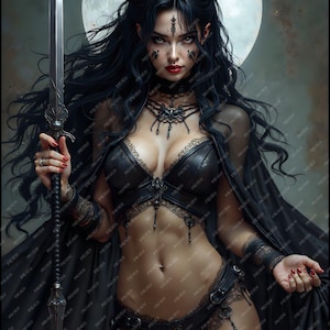 May include: A digital illustration of a woman with long black hair, black horns, and intricate facial markings. She wears a black outfit with lace details and holds a sword. A full moon is in the background.