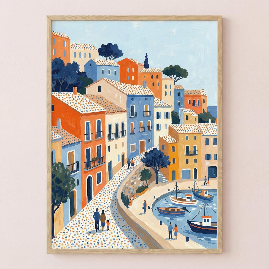 Coastal Town Wall Art Printable, Mediterranean Village Poster, Colorful ...