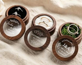 Personalized Wedding Ring Box, Proposal & Wedding Ring Holder, Walnut Wood Round Ring Case, Unique Gift For Her ,Engagement gift