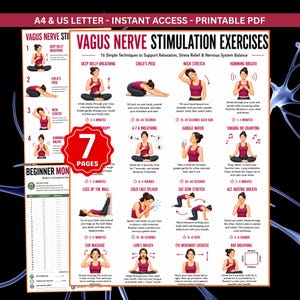 Peut inclure: Un guide PDF imprimable intitulé Vagus Nerve Stimulation Exercises présentant 16 techniques illustrées pour soulager le stress. Le document comprend des instructions pour la respiration abdominale, la posture de l'enfant et des étirements au format A4.