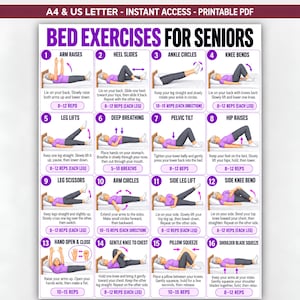Puede incluir: Un gráfico PDF imprimible en tamaño A4 y US Letter titulado Bed Exercises for Seniors. Presenta dieciséis ilustraciones numeradas de una persona con camisa morada y pantalones grises realizando varios ejercicios físicos en una cama con almohadas.