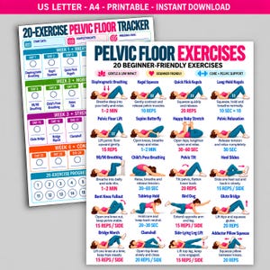 May include: A printable pelvic floor exercise guide and tracker featuring 20 beginner-friendly exercises with illustrations and instructions. The document includes sections for start date, completion date, and personal goals, with a color-coded weekly layout.