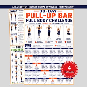 Può includere: Una tabella di allenamento di 30 giorni per sbarra per trazioni con illustrazioni degli esercizi, istruzioni e un tracker dei progressi giornalieri. Il documento stampabile include un layout di 4 pagine con diagrammi per gli esercizi.