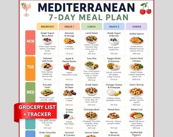 Mediterranean Diet Meal Plan Printable, 7-Day Mediterranean Food List, Heart Healthy Diet Chart, Grocery List & Weekly Meal Planner PDF