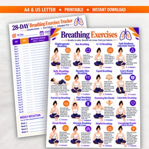 May include: A printable 28-day breathing exercises tracker and an instructional guide featuring twelve distinct breathing techniques. The documents include text, illustrations of lungs, and diagrams of people demonstrating various seated and lying postures.