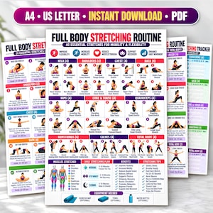 Könnte beinhalten: Ein digitales Poster mit dem Titel Full Body Stretching Routine, das 40 illustrierte Übungen für Mobilität und Flexibilität zeigt. Das Diagramm enthält Abschnitte für Nacken, Schultern, Brust, Rücken, Hüften, Rumpf sowie die Beine.