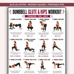 Puede incluir: Un cartel de entrenamiento imprimible titulado DUMBBELL GLUTE & HIPS WORKOUT con doce ilustraciones numeradas de una persona realizando ejercicios con mancuernas. El texto incluye nombres de ejercicios, instrucciones y repeticiones en negro y rojo.