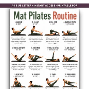Op de afbeelding: Een printbare Mat Pilates Routine kaart met twaalf genummerde oefenillustraties. Elk gedeelte toont een persoon in donkergroene sportkleding die specifieke bewegingen uitvoert op een mat, vergezeld van tekstinstructies en het aantal herhalingen.
