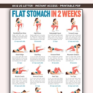 Könnte beinhalten: Ein druckbares PDF-Übungsplakat mit dem Titel FLAT STOMACH IN 2 WEEKS, das zwölf illustrierte Trainingsbewegungen zeigt. Jede Übung enthält einen Titel, eine beschreibende Anleitung und Wiederholungszahlen für eine Fitnessroutine.