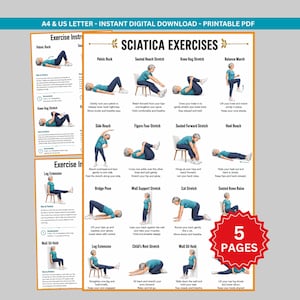 Sciatica Exercises Chart Printable, Lower Back Stretch Routine For Seniors, Seated & Standing Exercises PDF, Nerve Pain Relief Poster