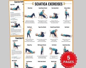 Sciatica Exercises Chart Printable, Lower Back Stretch Routine For Seniors, Seated & Standing Exercises PDF, Nerve Pain Relief Poster