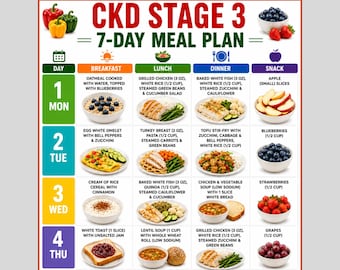 CKD Stage 3 Meal Plan Printable, Kidney Friendly Diet Plan, Renal Diet Grocery List, Low Sodium Meal Planner PDF