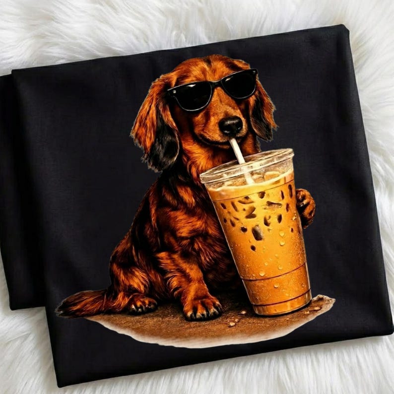 Peut inclure: T-shirt noir avec un motif de teckel portant des lunettes de soleil et buvant du caf&eacute; glac&eacute;. Le chien est brun avec des reflets noirs, tenant un gobelet en plastique transparent avec une paille.