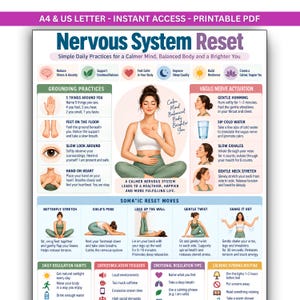 Può includere: Un grafico PDF stampabile in formato A4 e US Letter intitolato Nervous System Reset. Presenta illustrazioni di pratiche di radicamento, tecniche di attivazione del nervo vago e movimenti di reset somatico, incluse posizioni yoga e abitudini.