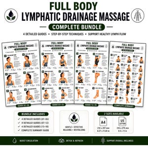 Complete four-page lymphatic drainage printable bundle featuring eighteen full body self massage techniques with professional illustrations, lymph flow guidance, fascia release exercises, and circulation support routines. This printable PDF includes large readable text, instant download, unlimited personal printing, A4 and US Letter formats, making it an excellent wellness reference for massage therapists, estheticians, holistic practitioners, skincare professionals, and home self-care users.