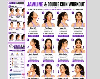 Jawline & Double Chin Workout Printable PDF, Face Yoga Exercises, Neck Tightening Exercises, Daily Facial Exercise Chart, Jawline Poster