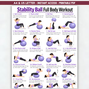 Könnte beinhalten: Ein druckbares PDF-Diagramm mit dem Titel Stability Ball Full Body Workout, das zwanzig nummerierte Übungsillustrationen zeigt. Jeder Abschnitt zeigt eine Person in violetter Sportkleidung mit einem hellvioletten Gymnastikball.