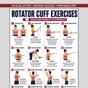 Może przedstawiać: Wydrukowalny wykres PDF zatytułowany Rotator Cuff Exercises dotyczący mobilności i siły barków. Zawiera 16 numerowanych paneli instruktażowych z ilustracjami osoby w wrzosowym topie wykonującej ćwiczenia, takie jak krążenia ramion.