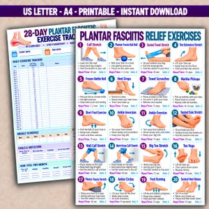 May include: A printable 28-day plantar fasciitis exercise tracker and relief guide. The document features a daily tracker, weekly schedule, and 20 illustrated exercises with instructions for calf stretches, ball rolls, and toe movements.