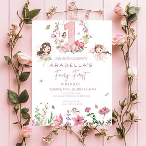 Fairy First Birthday Invitation Girl 1st Birthday Invitation Garden Fairy Birthday Canva Template Editable Floral Garden Digital Download