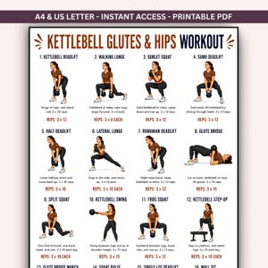 Op de afbeelding: Een printbare PDF-workoutkaart met de titel KETTLEBELL GLUTES & HIPS WORKOUT. Het bevat twaalf genummerde illustraties van een persoon die oefeningen uitvoert met een kettlebell, waaronder deadlifts, lunges, squats en brugoefeningen met tekst.