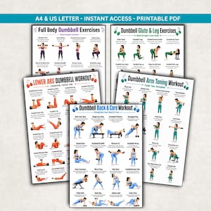 Peut inclure: Un ensemble de cinq affiches d'entraînement imprimables illustrant des exercices avec haltères pour le corps complet, les fessiers, les jambes, les abdominaux, le dos et le tronc. Chaque affiche blanche contient du texte explicatif et des schémas.