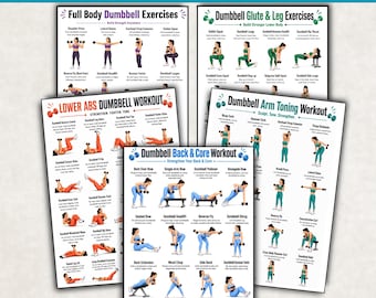 Dumbbell Workout Bundle, Home Gym Full Body Dumbbell Exercise Charts Printable, Arms Legs Glutes Back Core Abs Workout Posters PDF