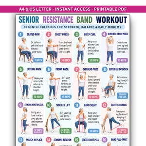 May include: A printable workout chart titled Senior Resistance Band Workout featuring 16 numbered exercise illustrations. Each section shows a person using a pink resistance band with instructions for strength, balance, and daily mobility.
