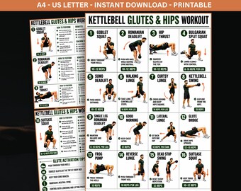 Kettlebell Glutes & Hips Workout Printable, Lower Body Workout Chart, Butt Exercises Guide, Home Gym, Glute Activation Tips