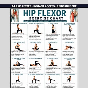 May include: A printable PDF hip flexor exercise chart featuring sixteen numbered illustrations of various stretches. The document includes the title Hip Flexor Exercise Chart and text instructions for each movement, available in A4 and US Letter sizes.