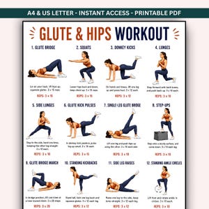 Peut inclure: Une affiche d'entraînement intitulée GLUTE & HIPS WORKOUT présentant douze illustrations numérotées d'une personne en brassière marron et legging bleu effectuant des exercices comme des ponts fessiers, squats, coups de pied et fentes.