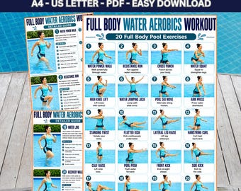 Water Aerobics Workout for Seniors Printable, Aqua Fitness Pool Exercise Bundle, A4 US Letter PDF Download
