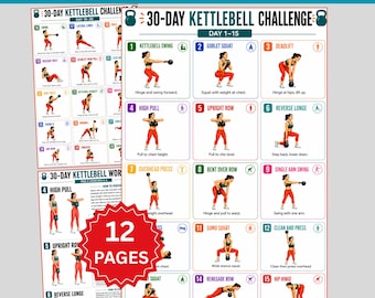 30 Day Kettlebell Workout Challenge Printable PDF, Kettlebell Exercise Chart Bundle, Home Gym Poster, Full Body Strength Training