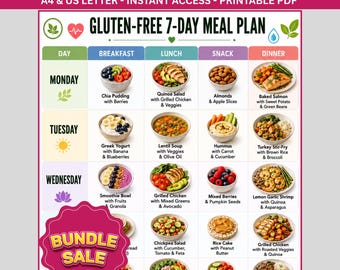 Gluten Free Meal Plan Bundle, Gluten Free Food List, Weekly Meal Planner, Gluten Free Grocery List PDF Printable