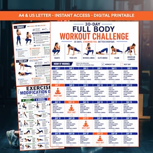 30 Day Full Body Workout Challenge Printable PDF, Home Gym Workout Plan, No Equipment Bodyweight Exercises For Women
