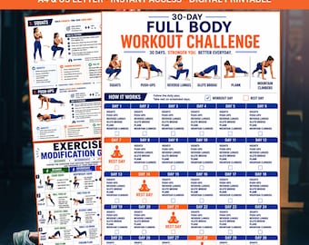 30 Day Full Body Workout Challenge Printable PDF, Home Gym Workout Plan, No Equipment Bodyweight Exercises For Women