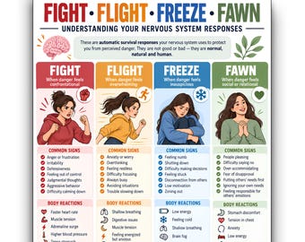 May include: A printable educational poster titled Fight, Flight, Freeze, Fawn: Understanding Your Nervous System Responses. It features four columns with illustrations and text detailing common signs, body reactions, and needs for each response.