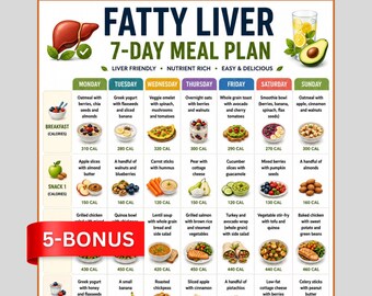 Fatty Liver 7-Day Meal Plan Printable PDF, Fatty Liver Food List, Foods to Eat Limit Avoid, Liver Friendly Diet Chart, NAFLD Grocery List